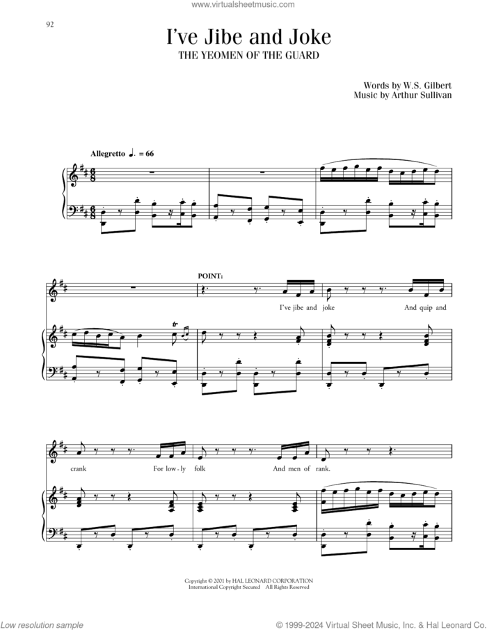 I've Jibe And Joke (from The Yeomen Of The Guard) sheet music for voice and piano by Gilbert & Sullivan, Richard Walters, Arthur Sullivan and William S. Gilbert, classical score, intermediate skill level