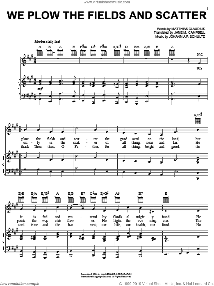 We Plow The Fields And Scatter sheet music for voice, piano or guitar by Jane M. Campbell, Johann A.P. Schultz and Matthias Claudius, intermediate skill level