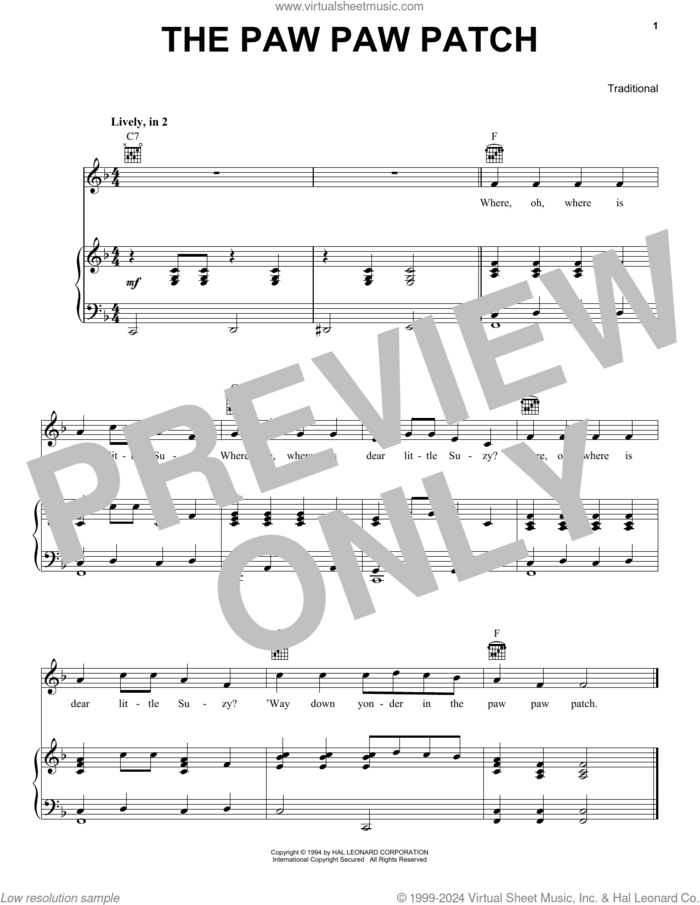 The Paw Paw Patch sheet music for voice, piano or guitar, intermediate skill level