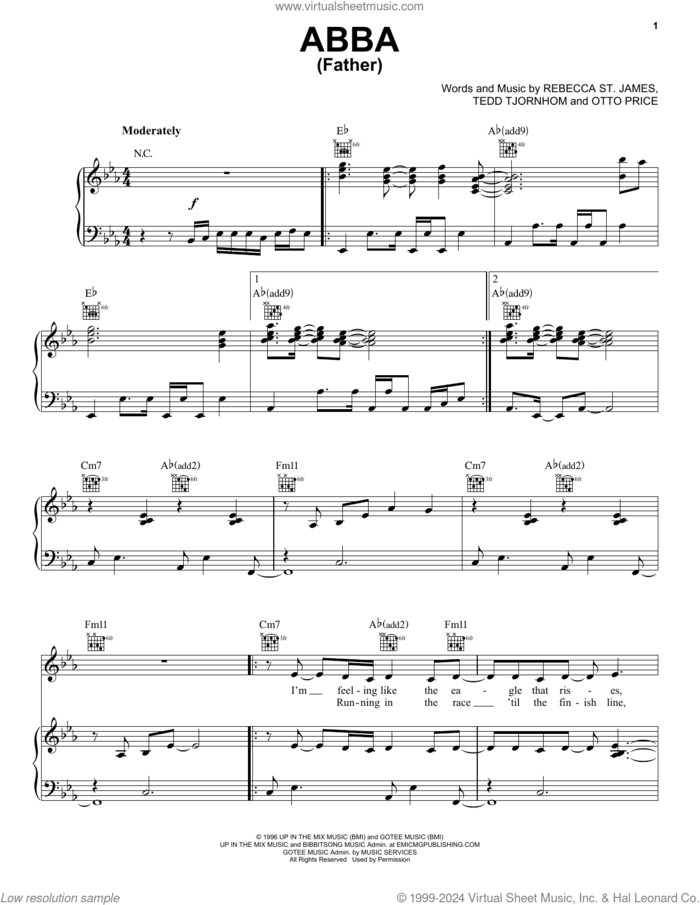 Abba (Father) sheet music for voice, piano or guitar by Rebecca St. James, Otto Price and Tedd Tjornhom, intermediate skill level