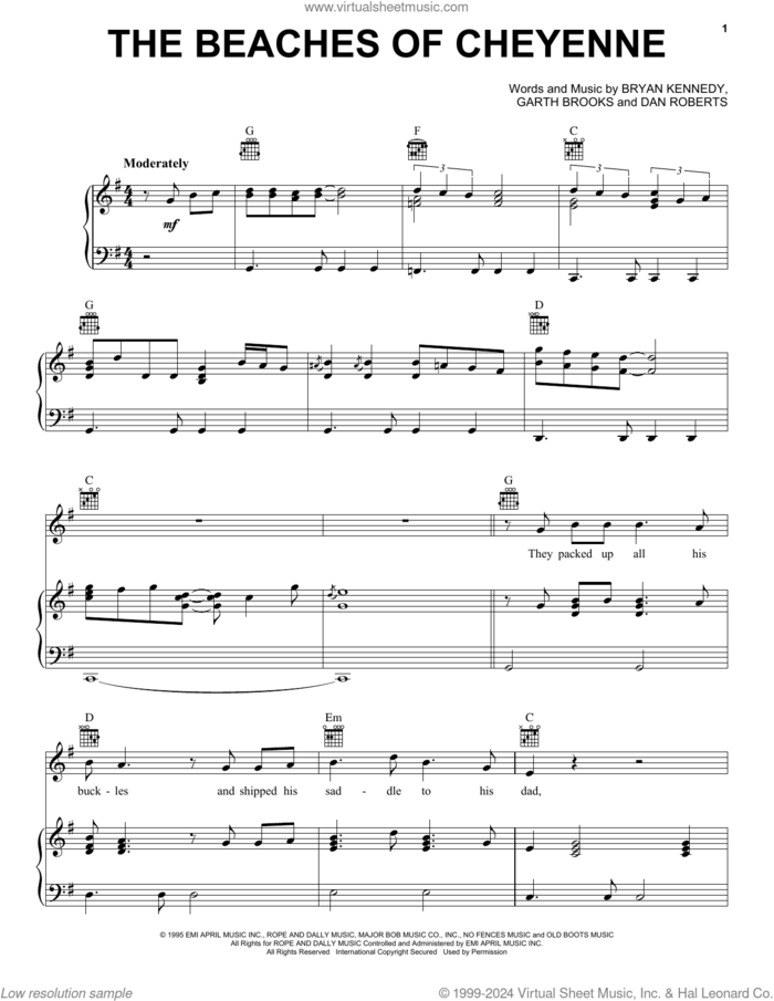 The Beaches Of Cheyenne sheet music for voice, piano or guitar by Garth Brooks, Brian Kennedy and Dan Roberts, intermediate skill level
