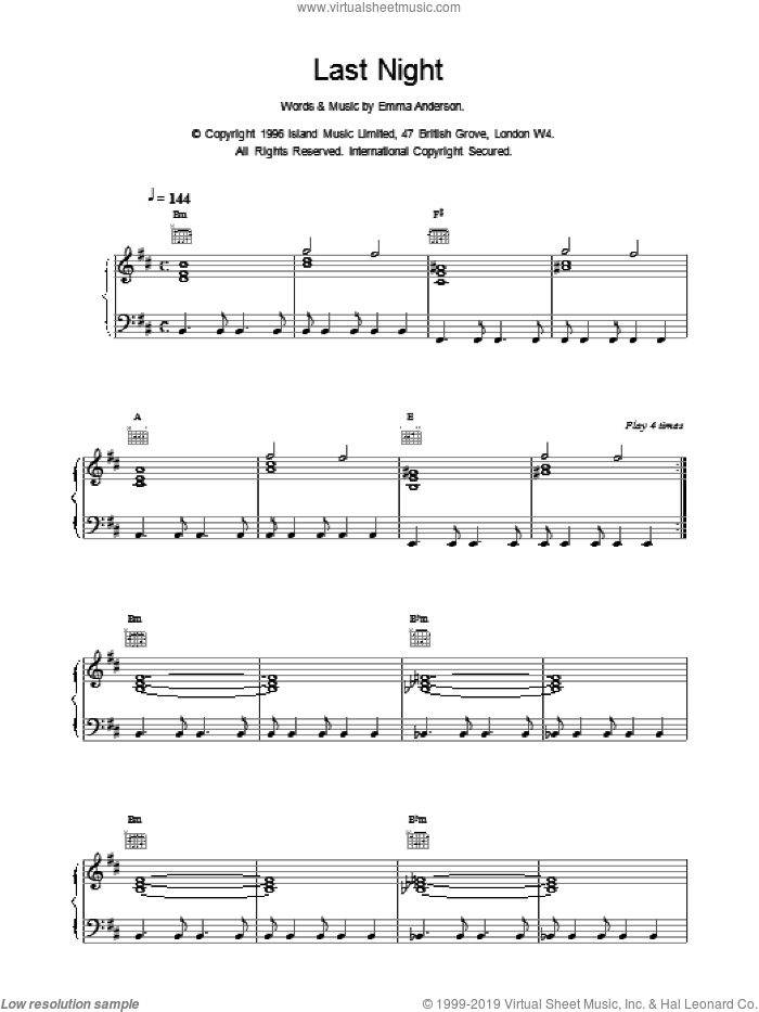 Last Night sheet music for voice, piano or guitar by EMMA ANDERSON, intermediate skill level