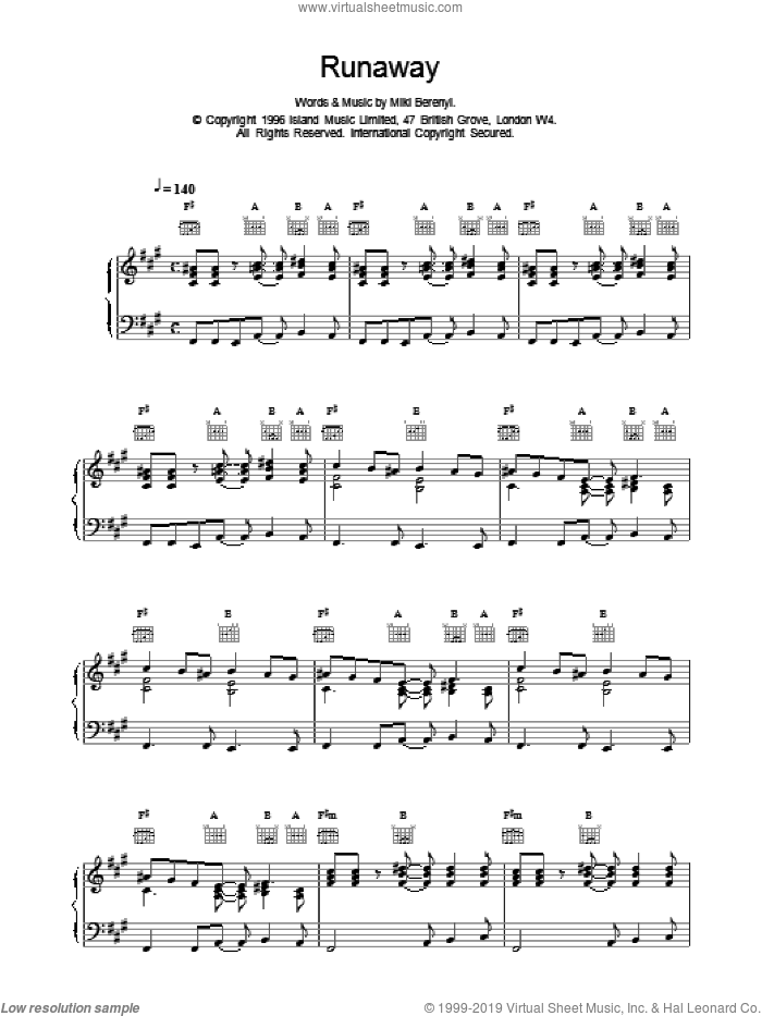 Runaway sheet music for voice, piano or guitar by Emma Anderson and Miki Berenyi, intermediate skill level