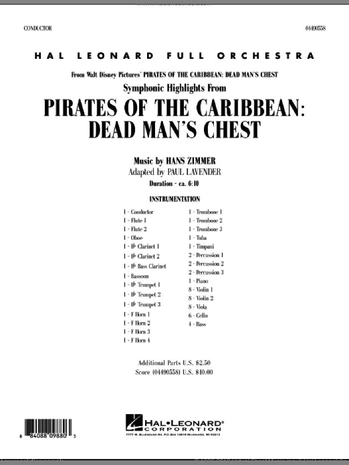 Soundtrack Highlights from Pirates Of The Caribbean: Dead Man's Chest (COMPLETE) sheet music for full orchestra by Hans Zimmer and Paul Lavender, intermediate skill level