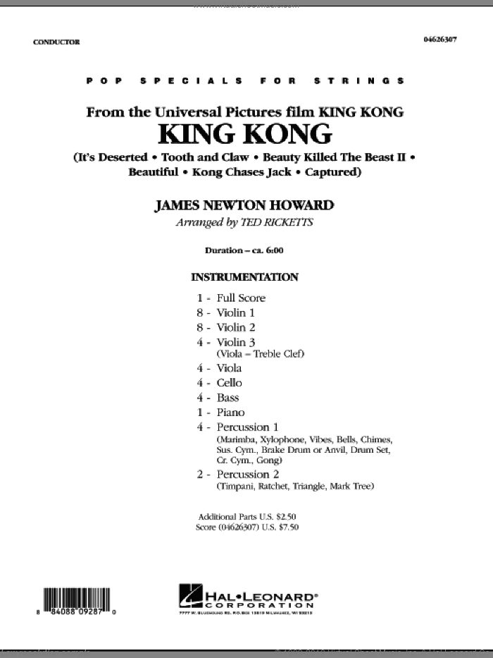 King Kong (COMPLETE) sheet music for orchestra by Ted Ricketts and James Newton Howard, intermediate skill level