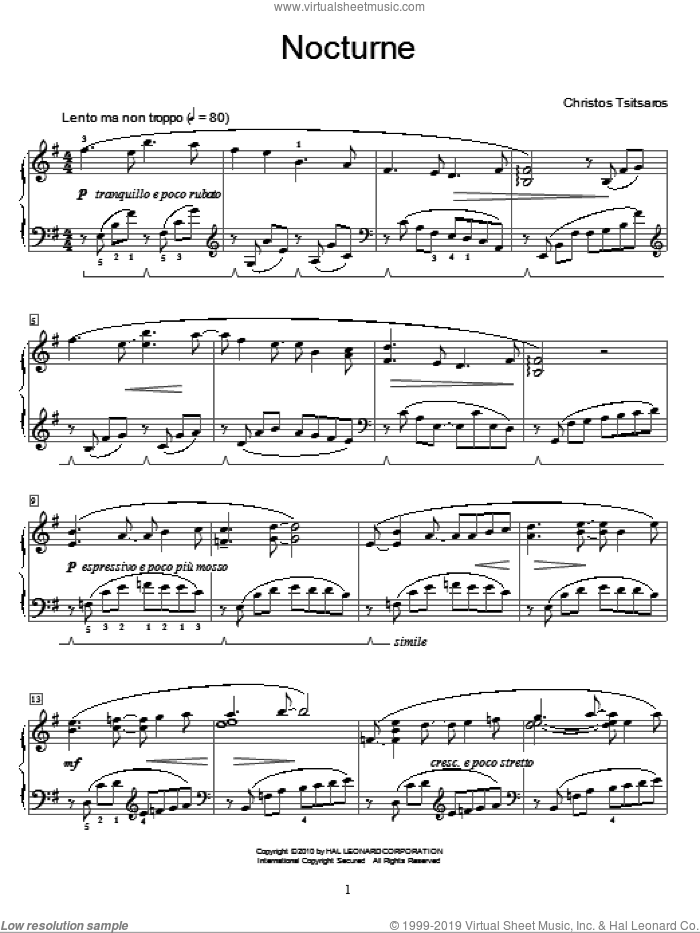 Nocturne sheet music for piano solo (elementary) by Christos Tsitsaros and Miscellaneous, classical score, beginner piano (elementary)