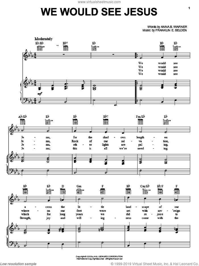 We Would See Jesus sheet music for voice, piano or guitar by Anna B. Warner and Franklin E. Belden, intermediate skill level