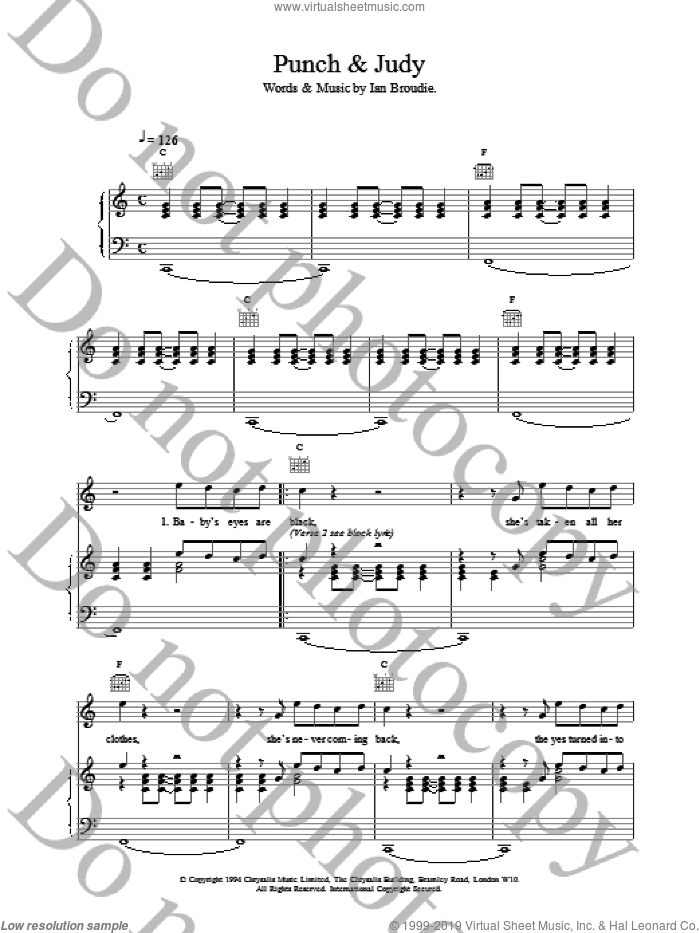 Punch and Judy sheet music for voice, piano or guitar by The Lightning Seeds and Ian Broudie, intermediate skill level