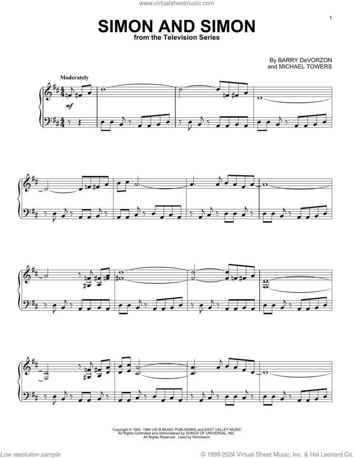 Simon And Simon sheet music for piano solo by Michael Towers and Barry DeVorzon, intermediate skill level