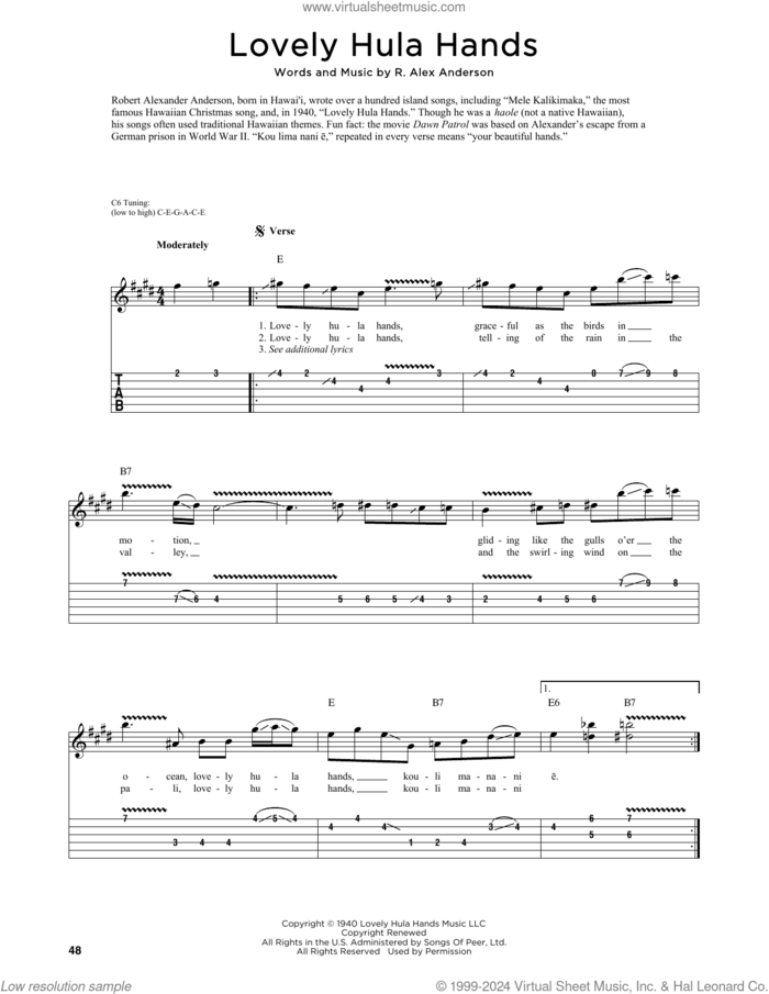 Lovely Hula Hands (arr. Fred Sokolow) sheet music for guitar (tablature) by R. Alex Anderson and Fred Sokolow, intermediate skill level