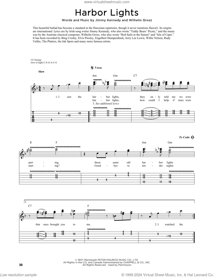Harbor Lights (arr. Fred Sokolow) sheet music for guitar (tablature) by Willie Nelson, Fred Sokolow, Jimmy Kennedy and Will Grosz, intermediate skill level