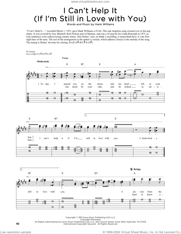I Can't Help It (If I'm Still In Love With You) (arr. Fred Sokolow) sheet music for guitar (tablature) by Hank Williams and Fred Sokolow, intermediate skill level
