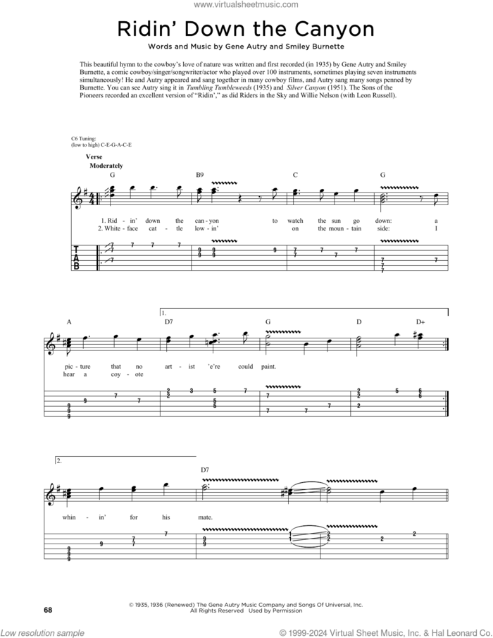 Ridin' Down The Canyon (arr. Fred Sokolow) sheet music for guitar (tablature) by Gene Autry, Fred Sokolow and Smiley Burnette, intermediate skill level