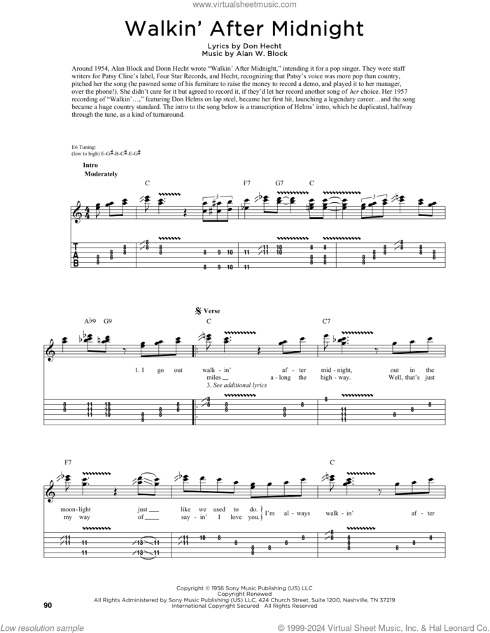 Walkin' After Midnight (arr. Fred Sokolow) sheet music for guitar (tablature) by Patsy Cline, Fred Sokolow, Alan W. Block and Don Hecht, intermediate skill level