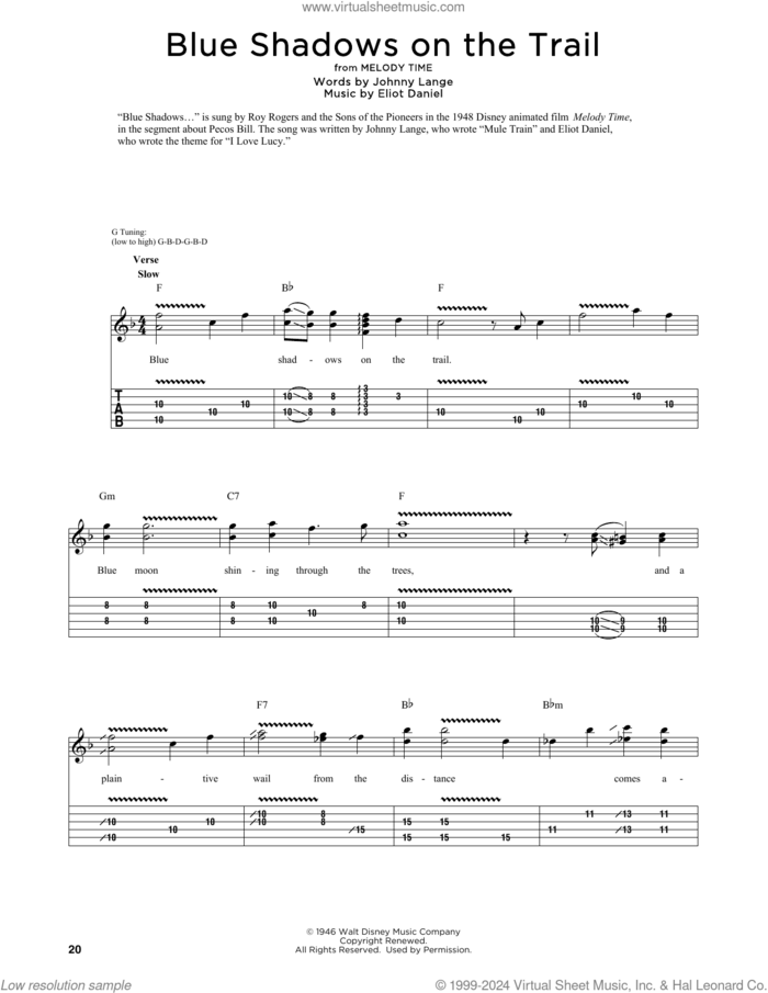 Blue Shadows On The Trail (arr. Fred Sokolow) sheet music for guitar (tablature) by Roy Rogers, Fred Sokolow, Eliot Daniel and Robert John Lange, intermediate skill level