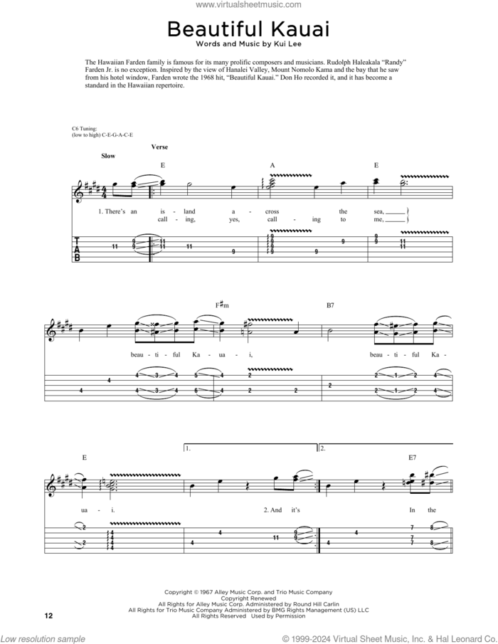 Beautiful Kauai (arr. Fred Sokolow) sheet music for guitar (tablature) by Kui Lee and Fred Sokolow, intermediate skill level