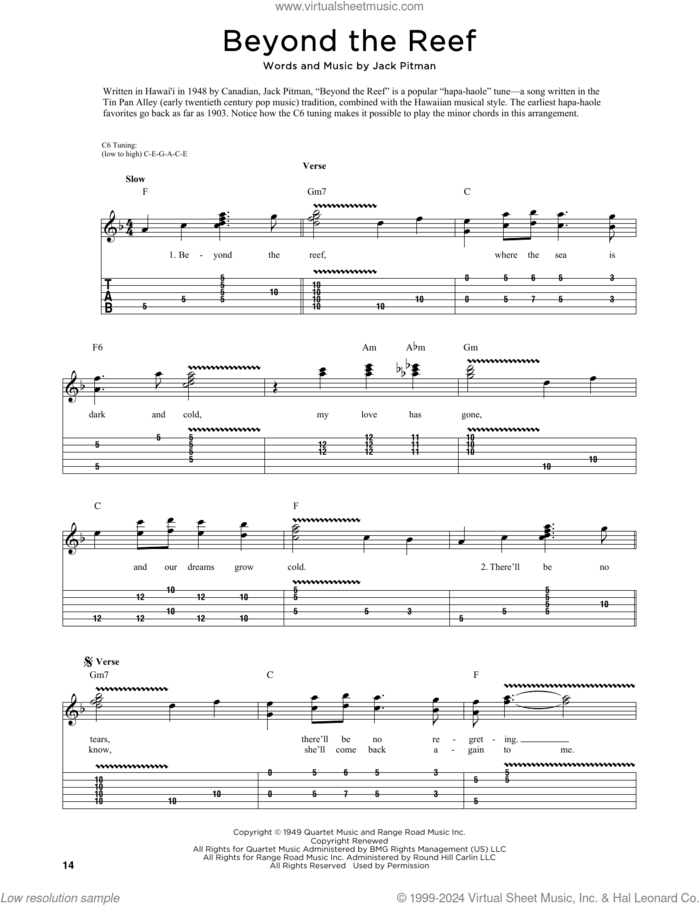 Beyond The Reef (arr. Fred Sokolow) sheet music for guitar (tablature) by Jack Pitman and Fred Sokolow, intermediate skill level
