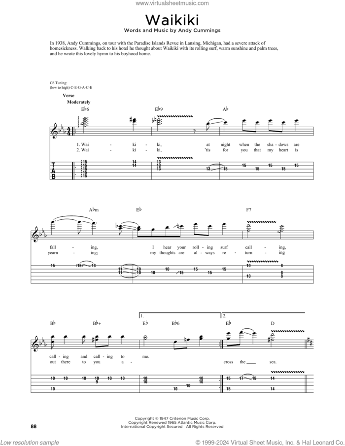 Waikiki (arr. Fred Sokolow) sheet music for guitar (tablature) by Andy Cummings and Fred Sokolow, intermediate skill level