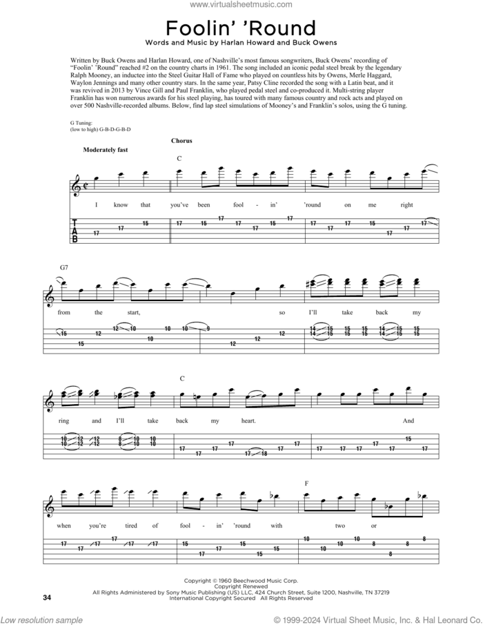 Foolin' 'Round (arr. Fred Sokolow) sheet music for guitar (tablature) by Patsy Cline, Fred Sokolow, Buck Owens and Harlan Howard, intermediate skill level