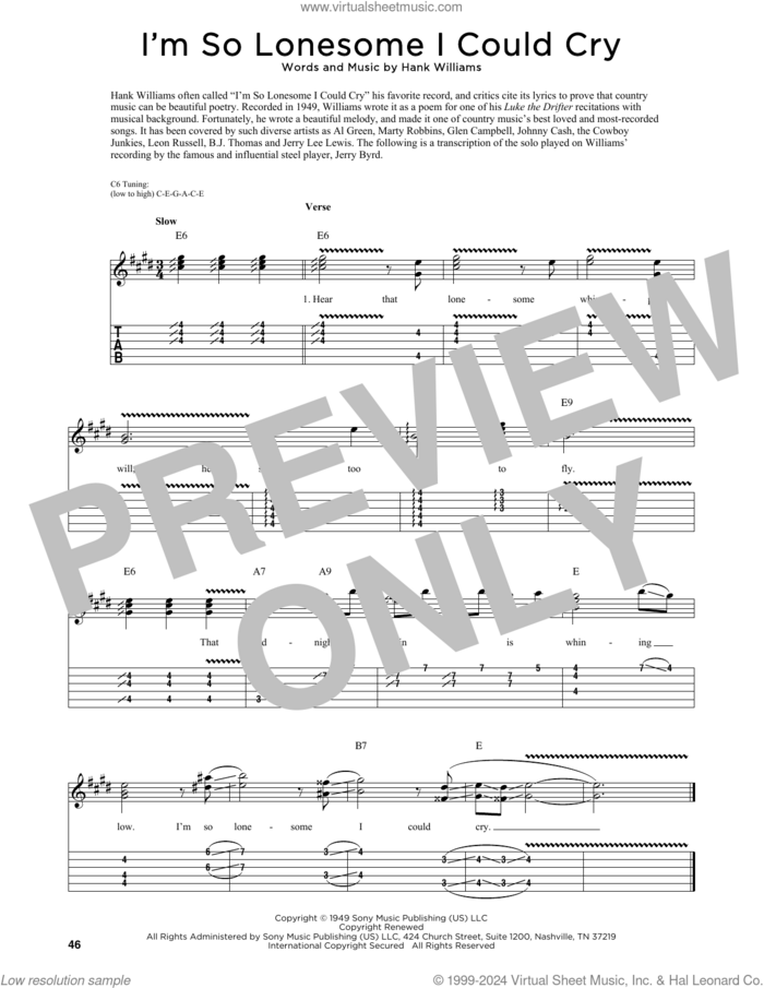 I'm So Lonesome I Could Cry (arr. Fred Sokolow) sheet music for guitar (tablature) by Hank Williams, Fred Sokolow, B.J. Thomas, Elvis Presley and Hank Williams, Sr., intermediate skill level