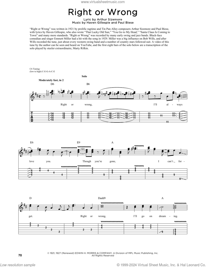 Right Or Wrong (arr. Fred Sokolow) sheet music for guitar (tablature) by George Strait, Fred Sokolow, Arthur Sizemore, Haven Gillespie and Paul Biese, intermediate skill level