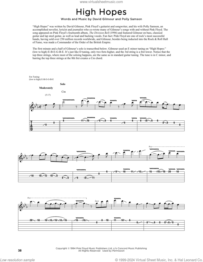 High Hopes (arr. Fred Sokolow) sheet music for guitar (tablature) by Pink Floyd, Fred Sokolow, David Gilmour and Polly Samson, intermediate skill level