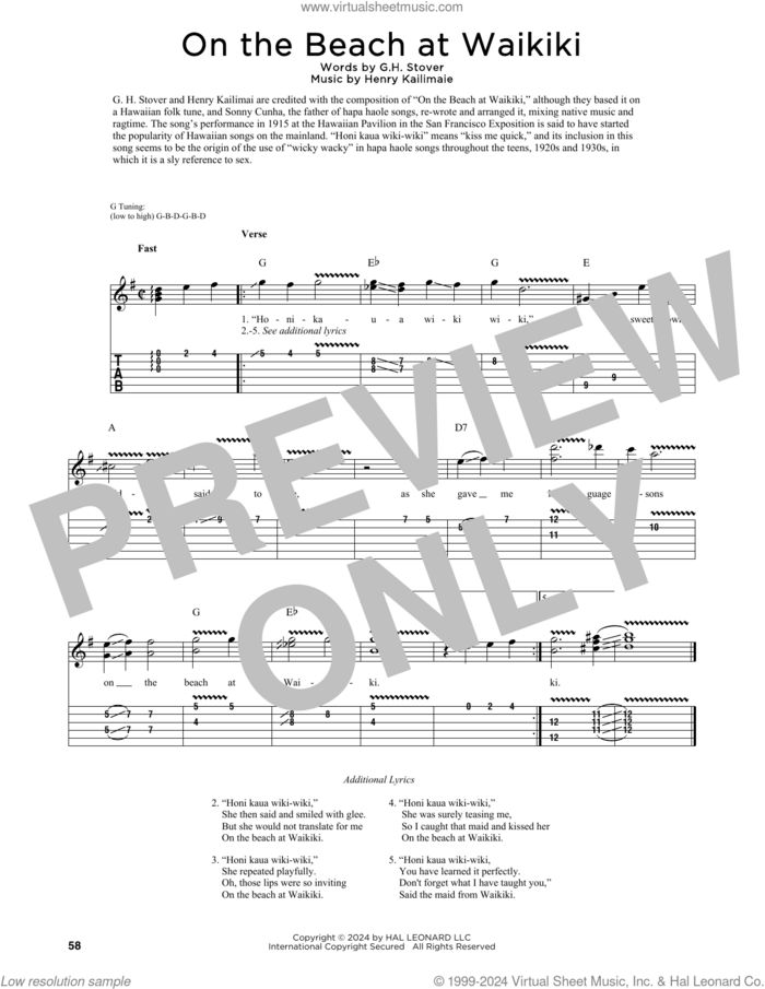 On The Beach At Waikiki (arr. Fred Sokolow) sheet music for guitar (tablature) by G.H. Stover, Fred Sokolow and Henry Kailimaie, intermediate skill level