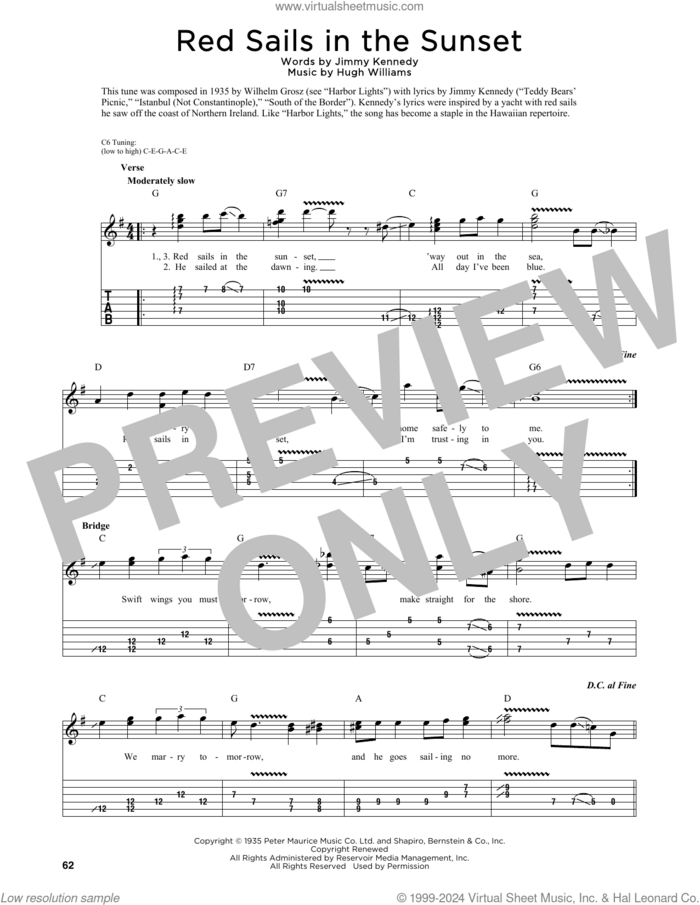 Red Sails In The Sunset (arr. Fred Sokolow) sheet music for guitar (tablature) by Hugh Williams, Fred Sokolow and Jimmy Kennedy, intermediate skill level