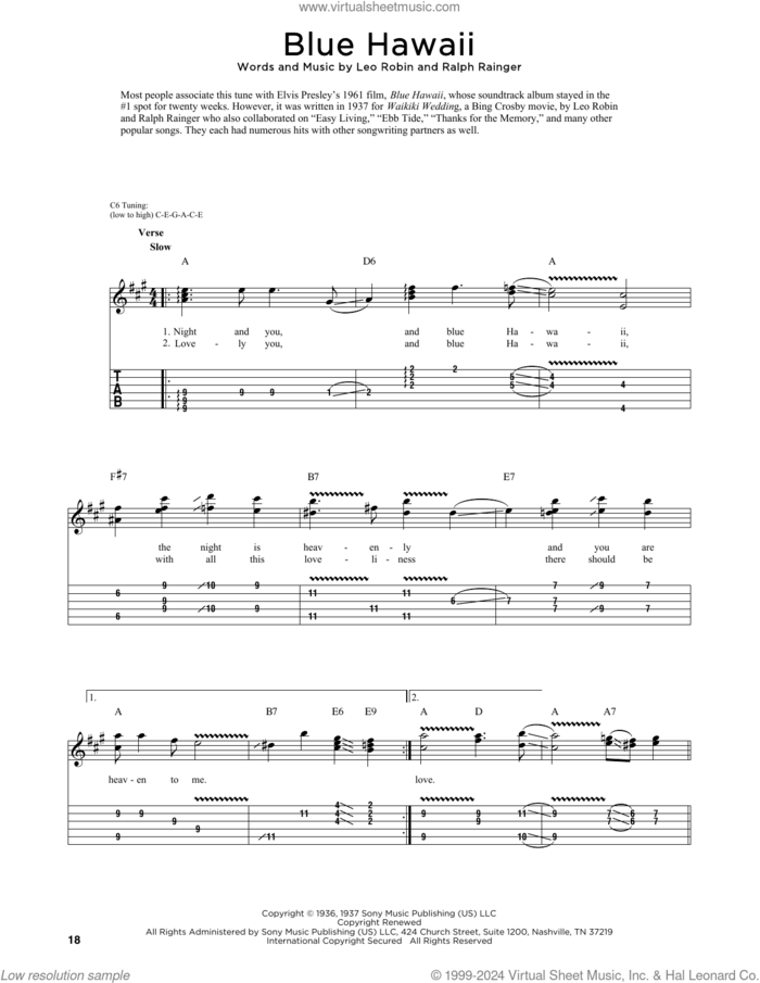 Blue Hawaii (arr. Fred Sokolow) sheet music for guitar (tablature) by Elvis Presley, Fred Sokolow, Billy Vaughn, Leo Robin and Ralph Rainger, intermediate skill level