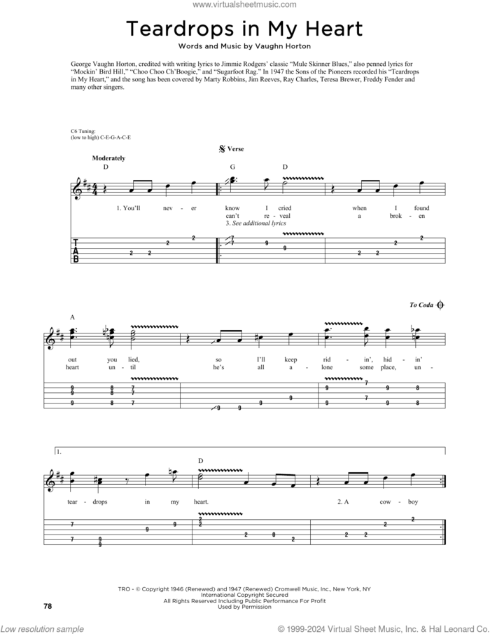 Teardrops In My Heart (arr. Fred Sokolow) sheet music for guitar (tablature) by The Sons Of The Pioneers, Fred Sokolow, Rex Allen, Jr. and Vaughn Horton, intermediate skill level