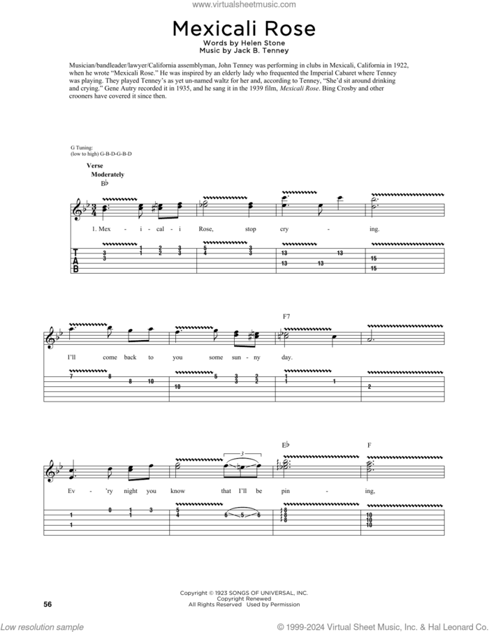 Mexicali Rose (arr. Fred Sokolow) sheet music for guitar (tablature) by Bing Crosby, Fred Sokolow, Helen Stone and Jack B. Tenney, intermediate skill level