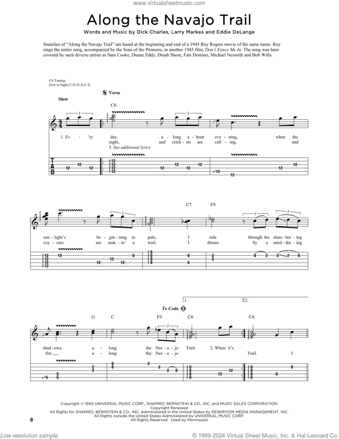 Along The Navajo Trail (arr. Fred Sokolow) sheet music for guitar (tablature) by Roy Rogers, Fred Sokolow, Bing Crosby & The Andrews Sisters, Dick Charles, Eddie DeLange and Larry Markes, intermediate skill level