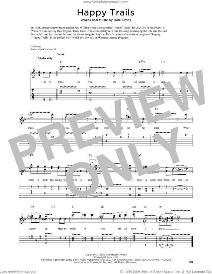 Happy Trails (arr. Fred Sokolow) sheet music for guitar (tablature) by Roy Rogers, Fred Sokolow and Dale Evans, intermediate skill level
