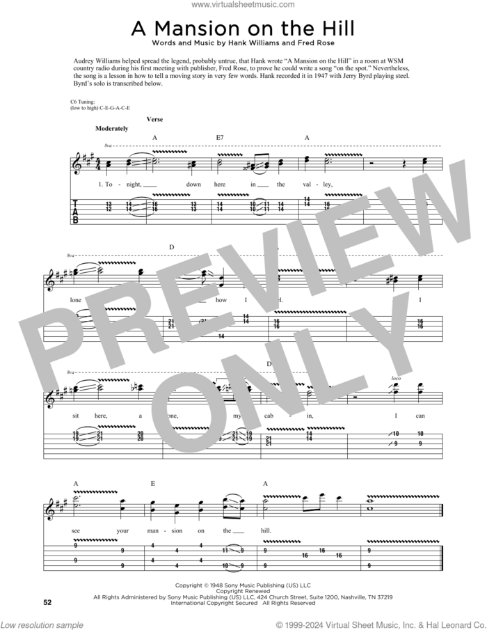 A Mansion On The Hill (arr. Fred Sokolow) sheet music for guitar (tablature) by Hank Williams, Fred Sokolow, June Webb, Ray Price and Fred Rose, intermediate skill level