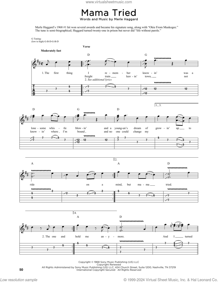Mama Tried (arr. Fred Sokolow) sheet music for guitar (tablature) by Merle Haggard and Fred Sokolow, intermediate skill level