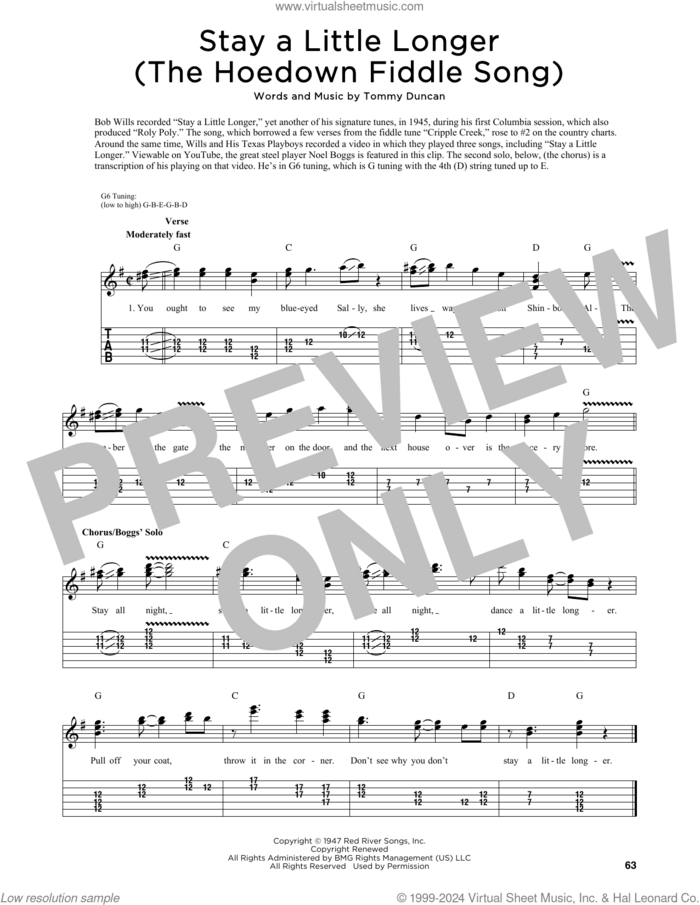 Stay A Little Longer (The Hoedown Fiddle Song) (arr. Fred Sokolow) sheet music for guitar (tablature) by Bob Wills, Fred Sokolow and Tommy Duncan, intermediate skill level