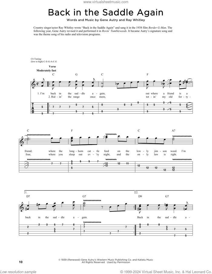 Back In The Saddle Again (arr. Fred Sokolow) sheet music for guitar (tablature) by Gene Autry, Fred Sokolow and Ray Whitley, intermediate skill level