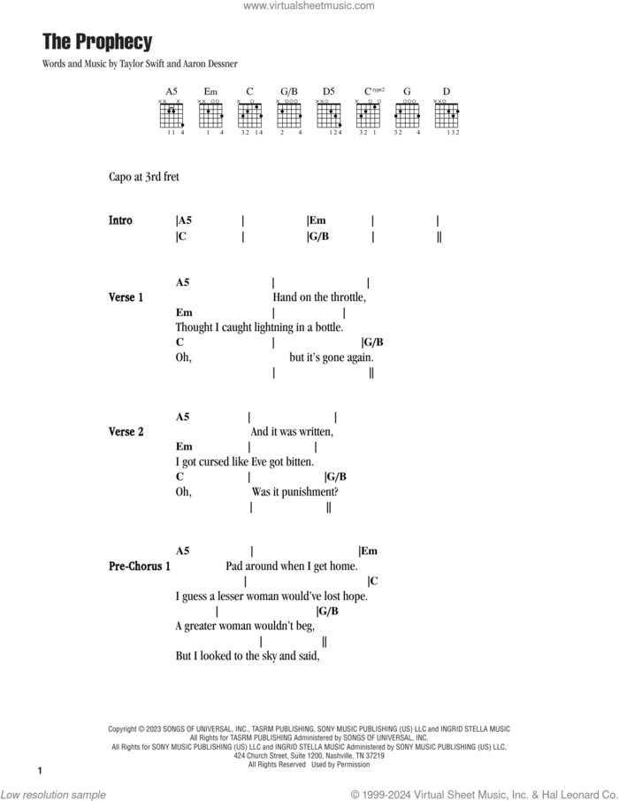 The Prophecy sheet music for guitar (chords) by Taylor Swift and Aaron Dessner, intermediate skill level
