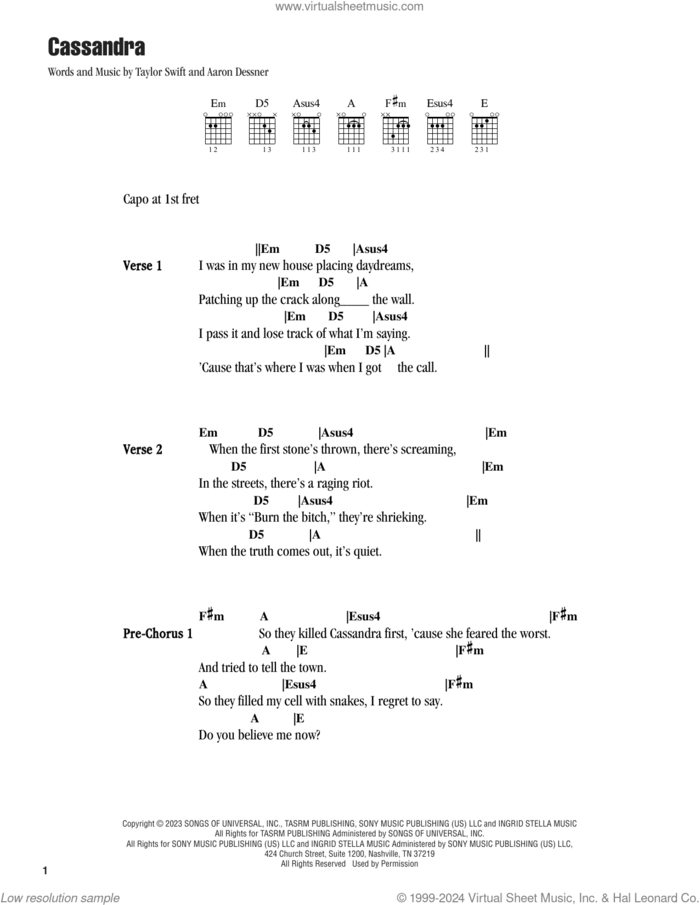 Cassandra sheet music for guitar (chords) by Taylor Swift and Aaron Dessner, intermediate skill level