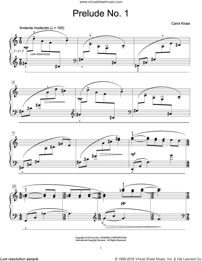 Prelude No. 1 sheet music for piano solo (elementary) by Carol Klose and Miscellaneous, beginner piano (elementary)