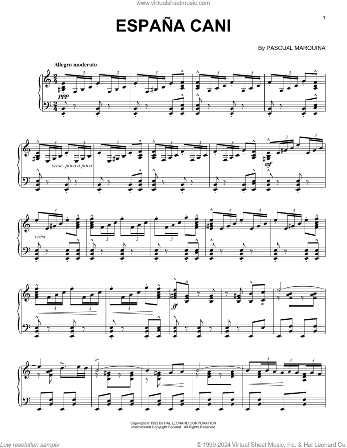 Espana Cani sheet music for piano solo by Pascual Marquina, intermediate skill level