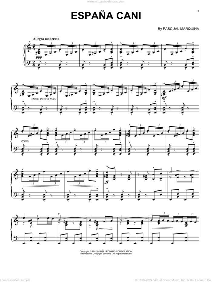 Espana Cani sheet music for piano solo by Pascual Marquina, intermediate skill level