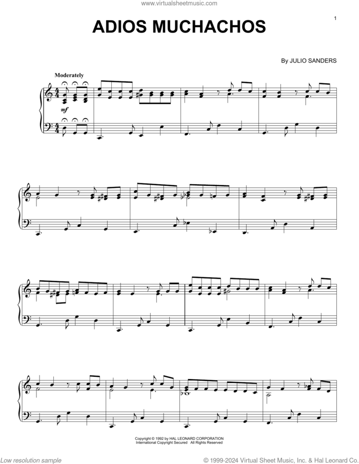 Adios Muchachos sheet music for piano solo by Julio Cesar Sanders, intermediate skill level