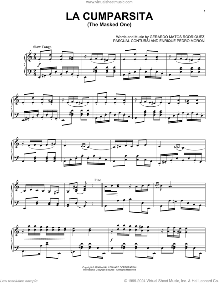 La Cumparsita (The Masked One) sheet music for piano solo by Gerardo Matos Rodriguez, Enrique Pedro Moroni and Pascual Contursi, intermediate skill level