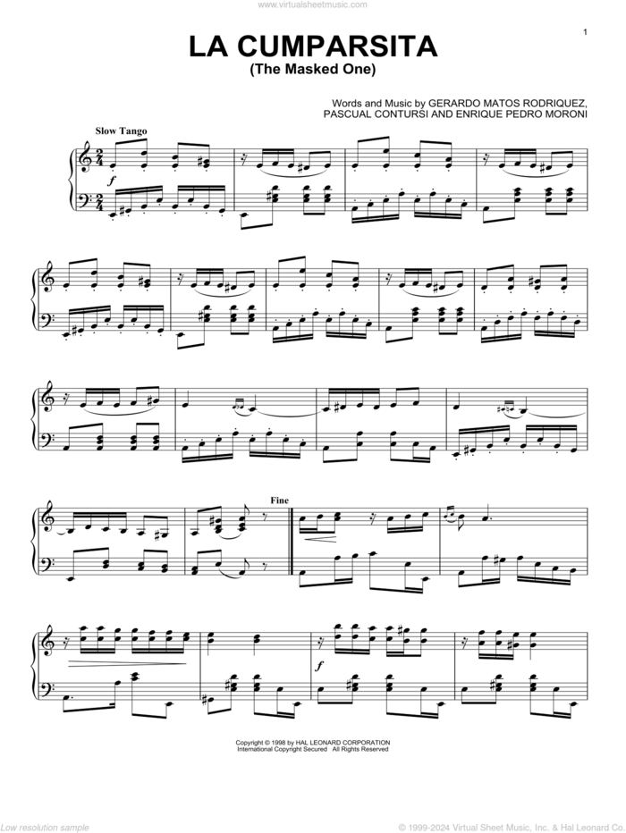 La Cumparsita (The Masked One) sheet music for piano solo by Gerardo Matos Rodriguez, Enrique Pedro Moroni and Pascual Contursi, intermediate skill level