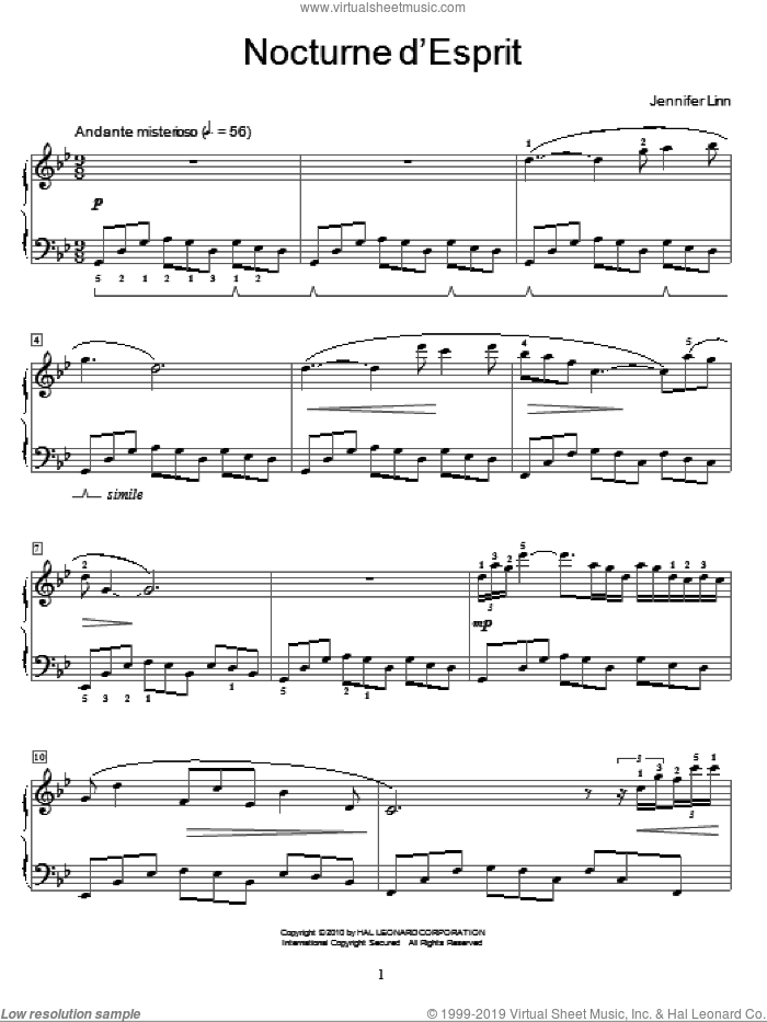 Nocturne d'Esprit sheet music for piano solo (elementary) by Jennifer Linn and Miscellaneous, classical score, beginner piano (elementary)