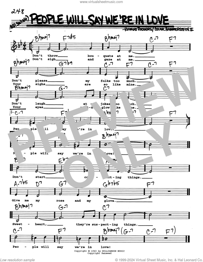 People Will Say We're In Love (Low Voice) sheet music for voice and other instruments (real book with lyrics) by Richard Rodgers, Oscar II Hammerstein and Rodgers & Hammerstein, intermediate skill level
