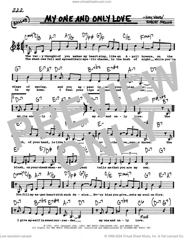 My One And Only Love (Low Voice) sheet music for voice and other instruments (real book with lyrics) by Guy Wood and Robert Mellin, intermediate skill level