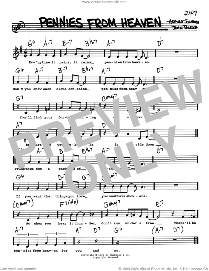 Pennies From Heaven (Low Voice) sheet music for voice and other instruments (real book with lyrics) by John Burke and Arthur Johnston, intermediate skill level