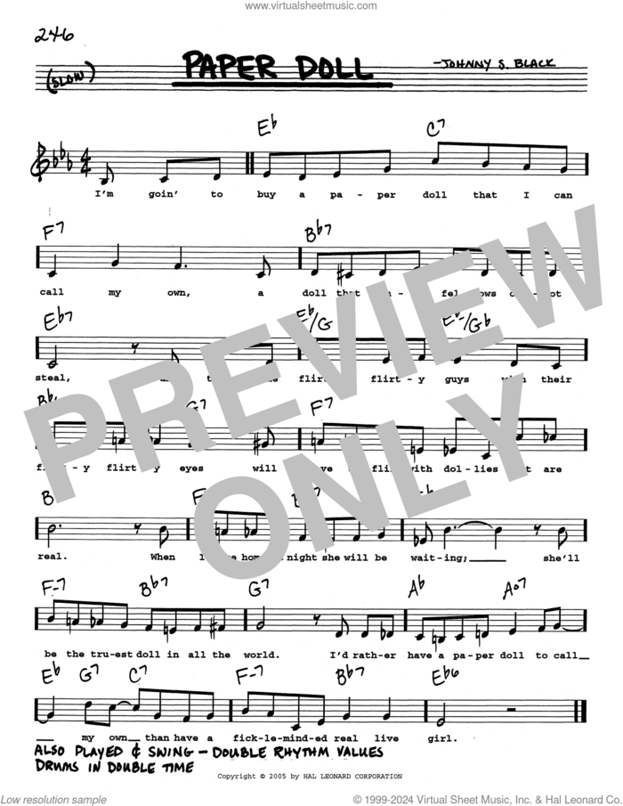 Paper Doll (Low Voice) sheet music for voice and other instruments (real book with lyrics) by Johnny S. Black, intermediate skill level